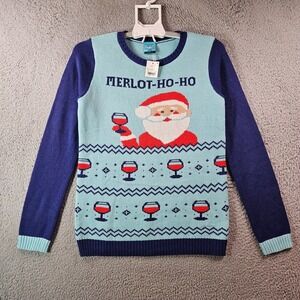 New‎ - Norther Pole Sweater Women Small  - Santa Claus Ho Ho  -  Knit Blue